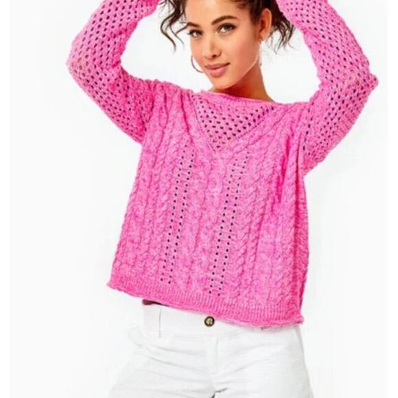 Lilly Pulitzer Maxcy Mix Stitched Cable Sweater Crochet Pullover Pink Size XS - Picture 2 of 11